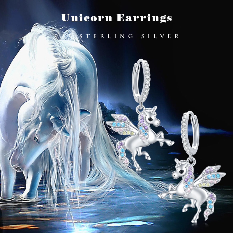 Sterling Silver Cubic Zirconia Unicorn Drop Earrings-4