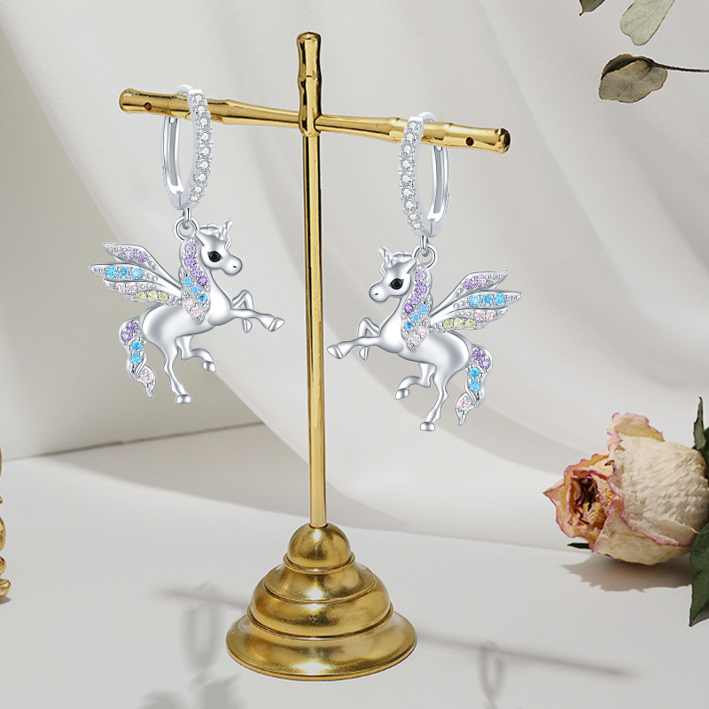 Sterling Silver Cubic Zirconia Unicorn Drop Earrings-5