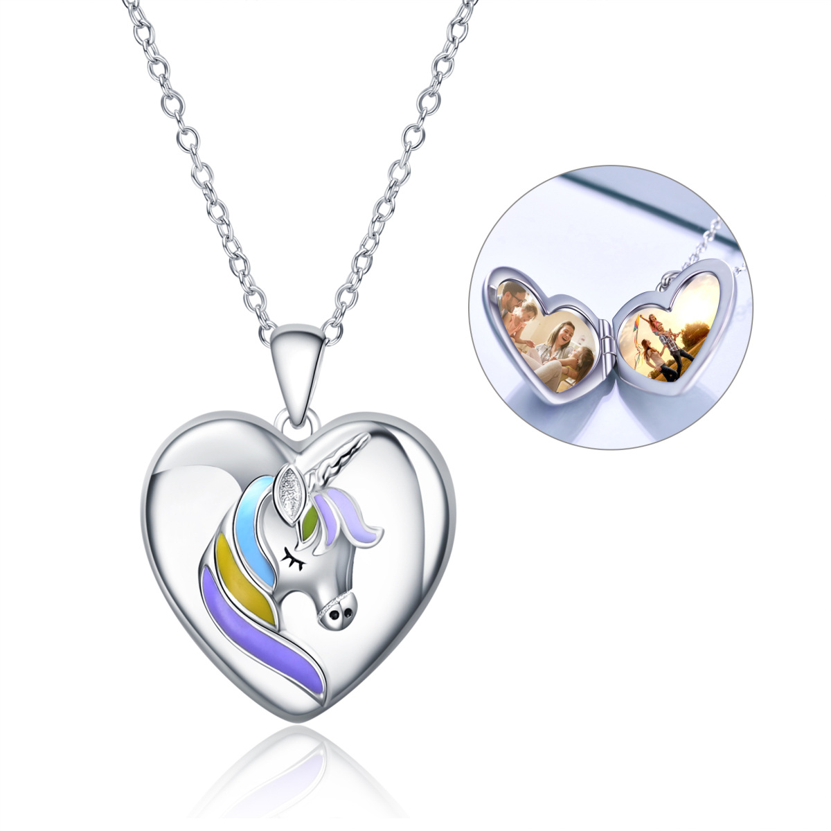 Plata de ley Unicornio Corazón Personalizado Foto Relicario Collar con palabra grabada-1