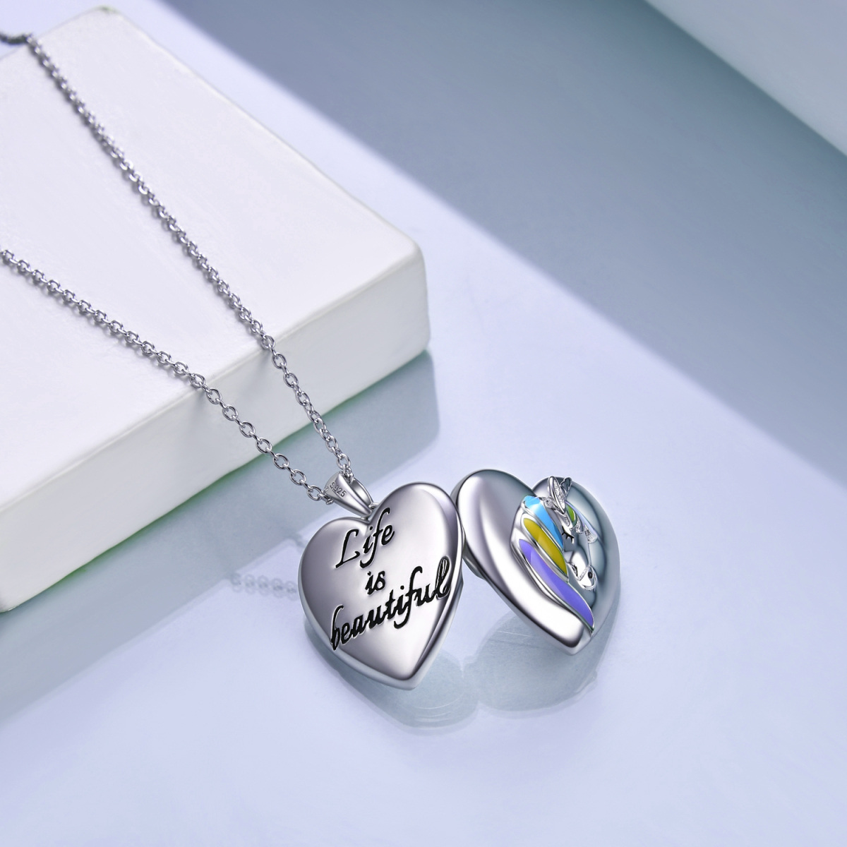 Sterling Silver Unicorn Heart Personalized Photo Locket Necklace with Engraved Word-3