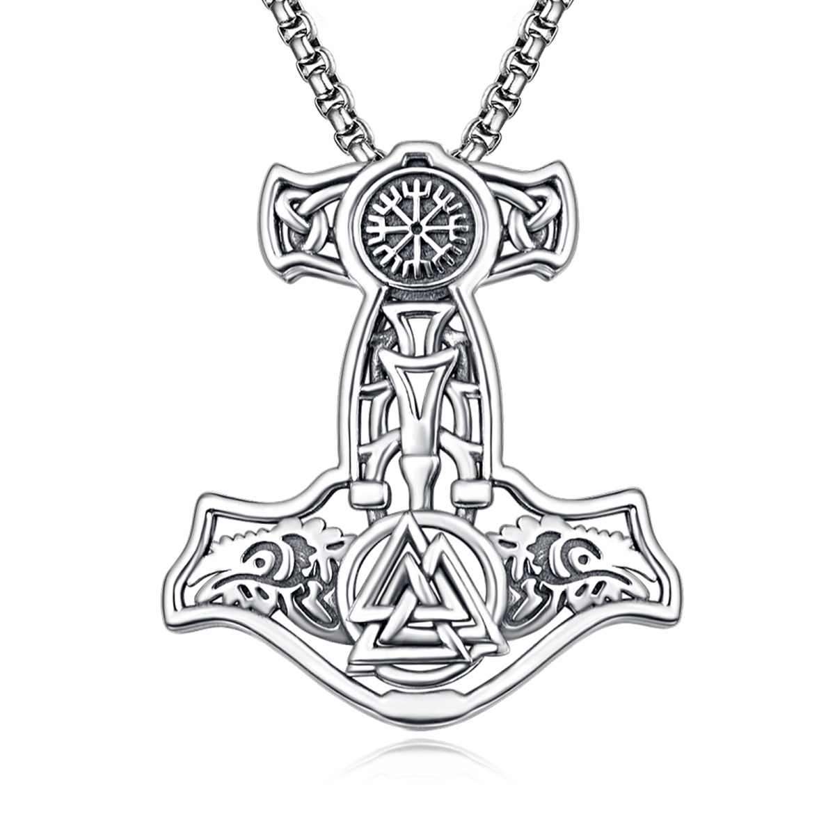 Talismã de prata esterlina Vegvisir Crânio Cabra Martelo de Thor Mjolnir Pingente Colar para Homens-1