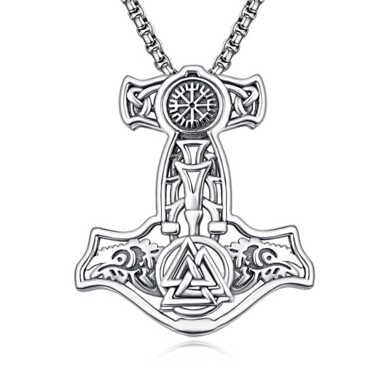 Sterling Silver Vegvisir Talisman Skull Goat Hammer of Thor Mjolnir Pendant Necklace for Men