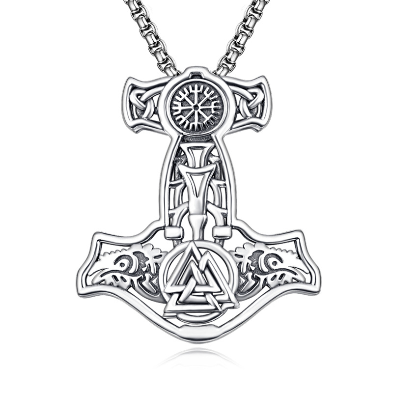Sterling Silver Vegvisir Talisman Skull Goat Hammer of Thor Mjolnir Pendant Necklace for Men-18