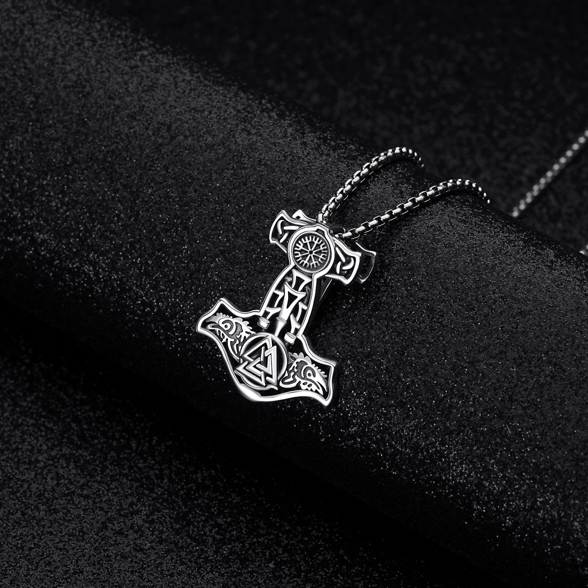 Talismã de prata esterlina Vegvisir Crânio Cabra Martelo de Thor Mjolnir Pingente Colar para Homens-3