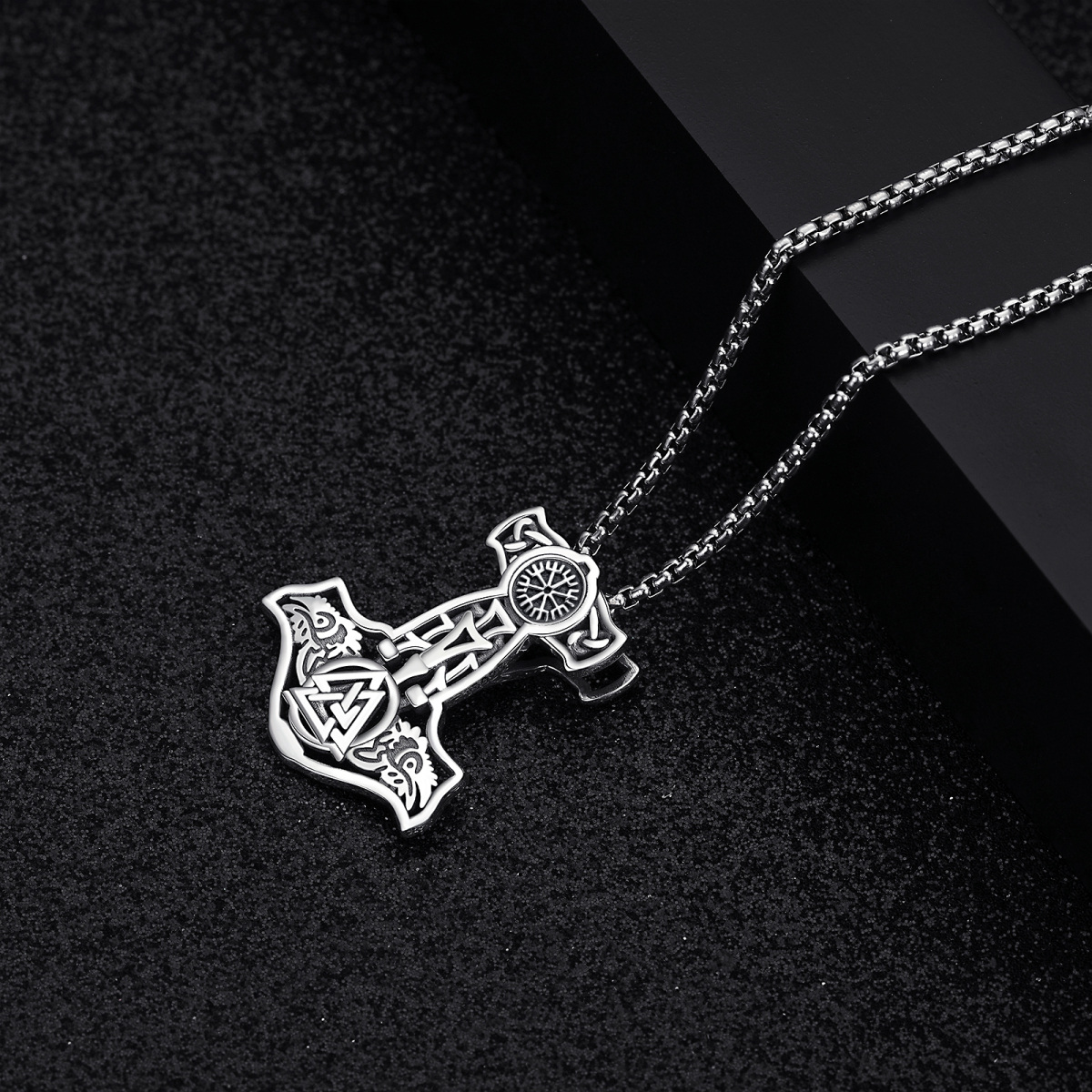 Talismã de prata esterlina Vegvisir Crânio Cabra Martelo de Thor Mjolnir Pingente Colar para Homens-4