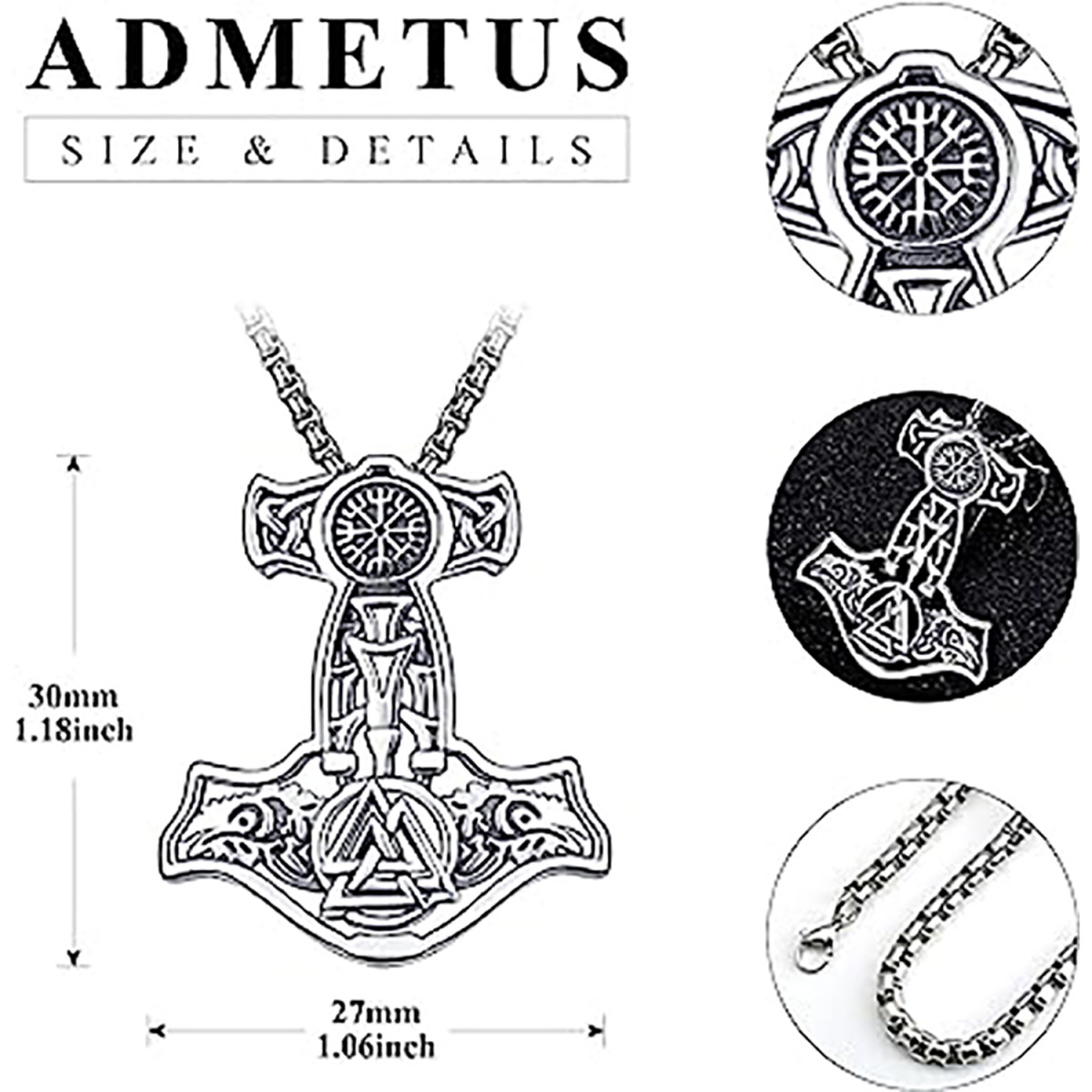 Talismã de prata esterlina Vegvisir Crânio Cabra Martelo de Thor Mjolnir Pingente Colar para Homens-5