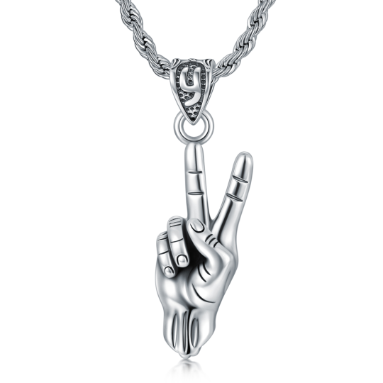 Sterling Silver Victory Gesture Pendant Necklace for Men