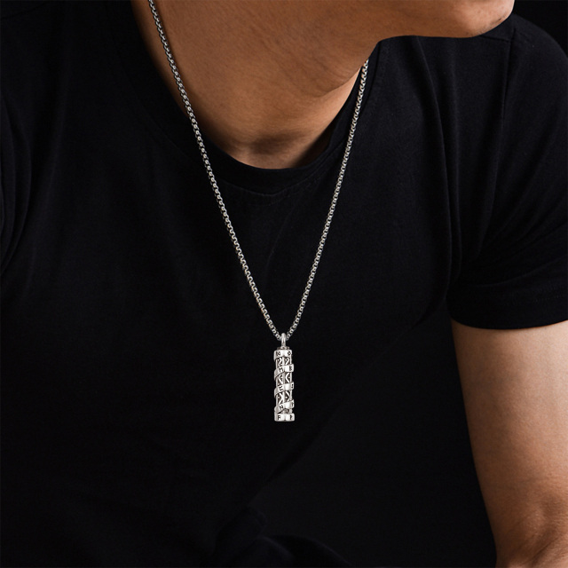 Sterling Silver Viking Rune Bar Pendant Necklace for Men-2