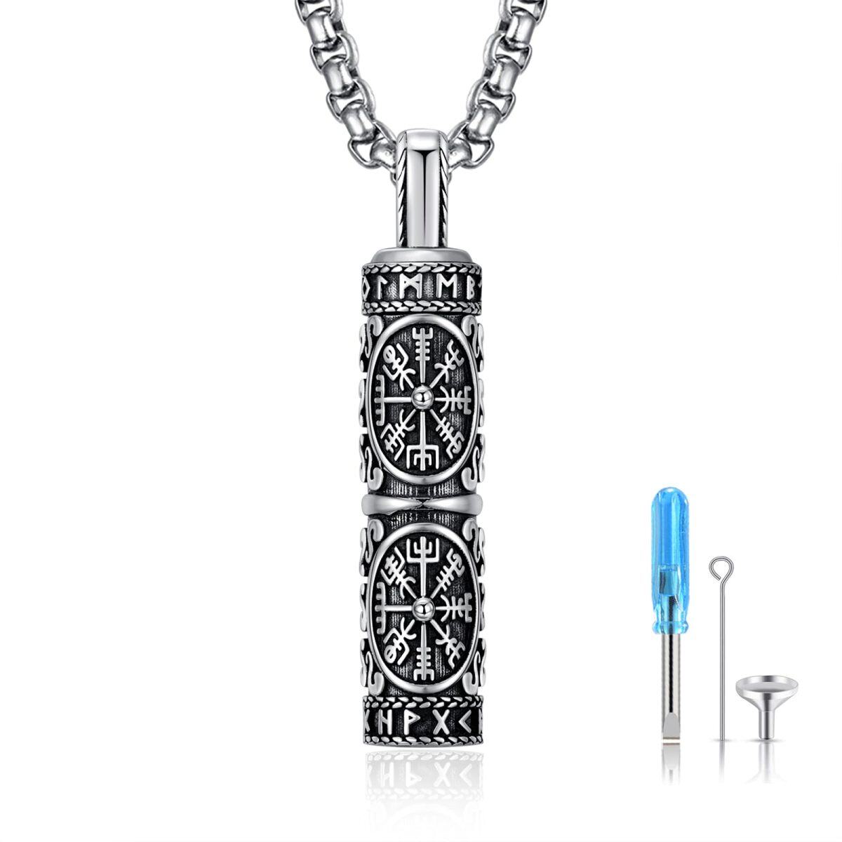 Collier urne funéraire en argent sterling avec boussole et runes vikings pour cendres pour homme-1