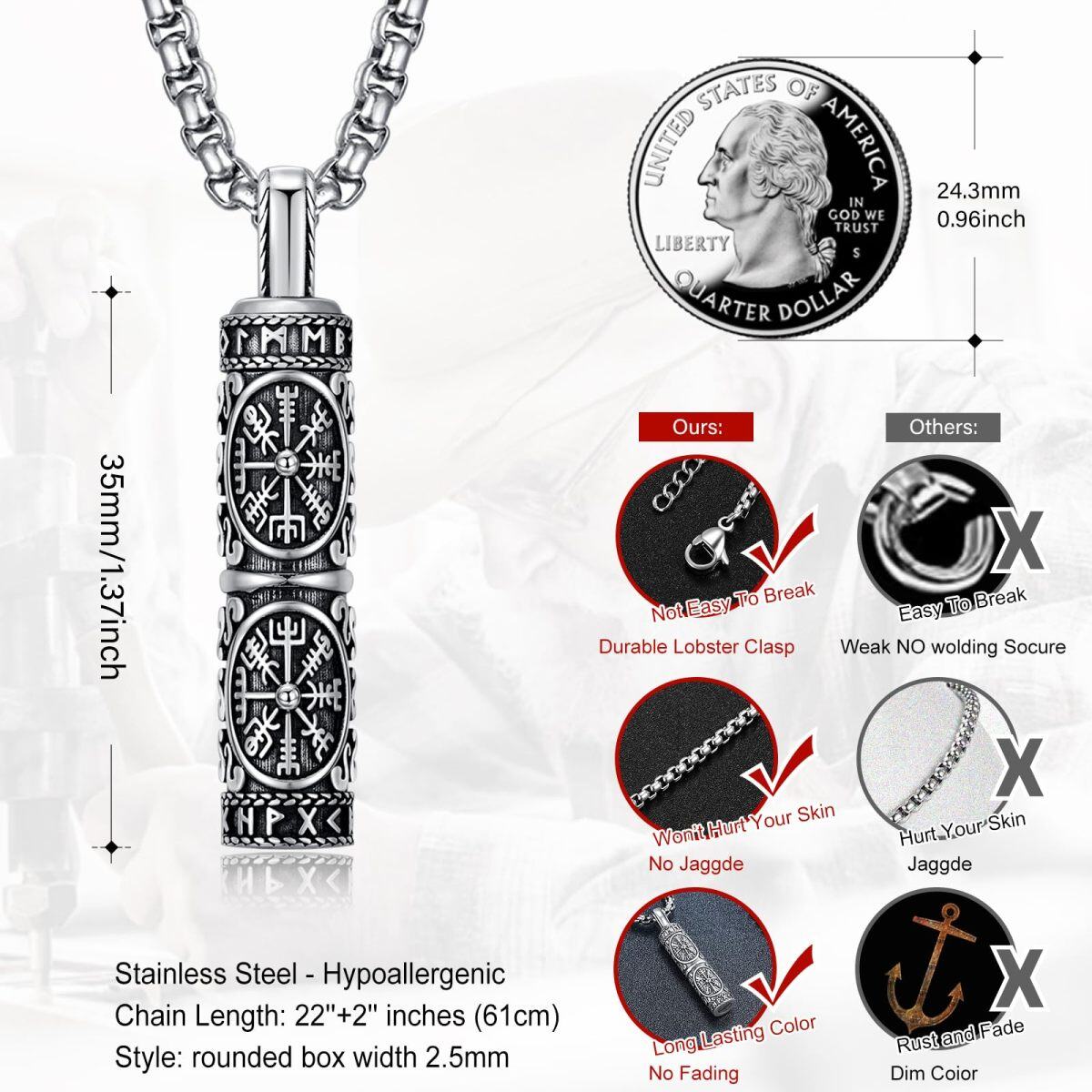 Sterling Silver Viking Rune Compass Cremation Urn Necklace For Ashes For Men-5