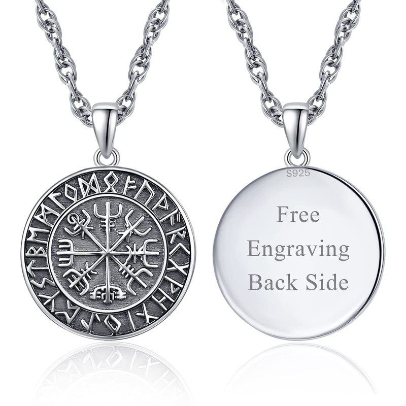 Sterling Silver Personalized Engraving & Viking Rune Pendant Necklace for Men