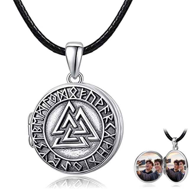 Sterling Silver Viking Rune Personalized Photo Locket Necklace for Men-3