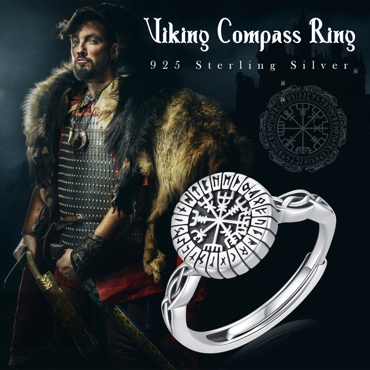 Sterling Silver Viking Rune Spinner Ring-5