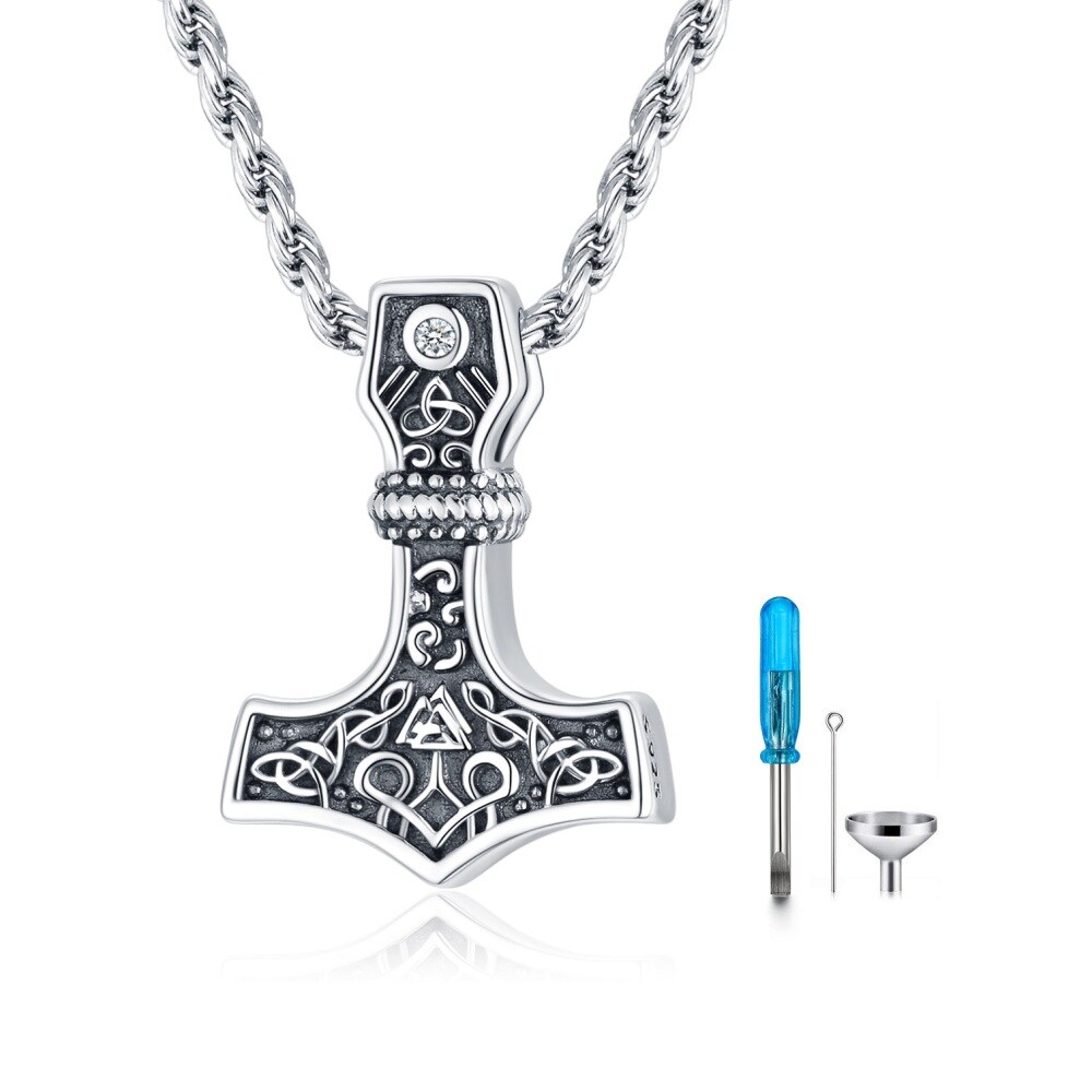 Sterling Silber Zirkonia Wikinger Rune Urne Halskette für Asche für Männer-1