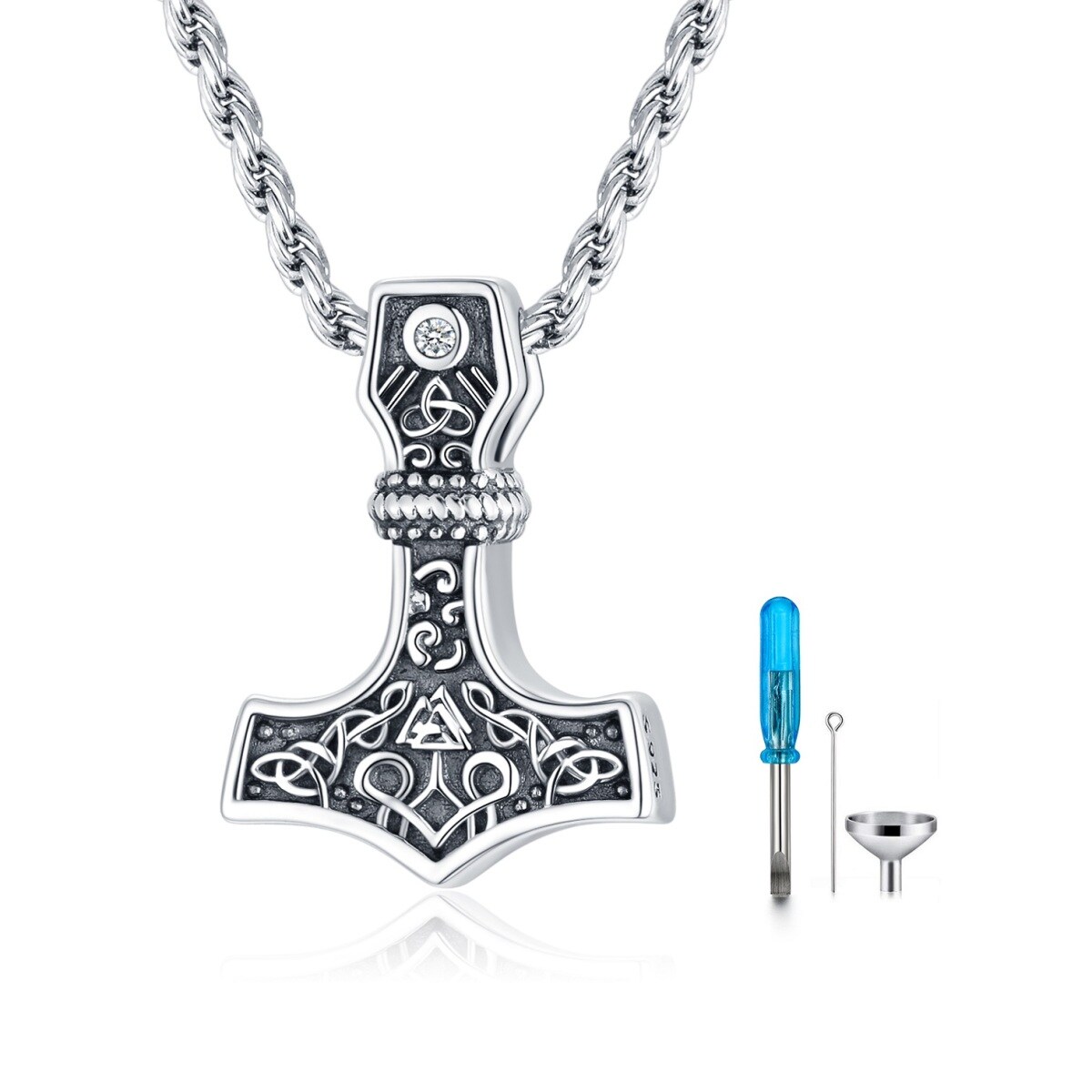 Sterling zilveren Cubic Zirconia Viking Rune Urn ketting voor as voor mannen-1