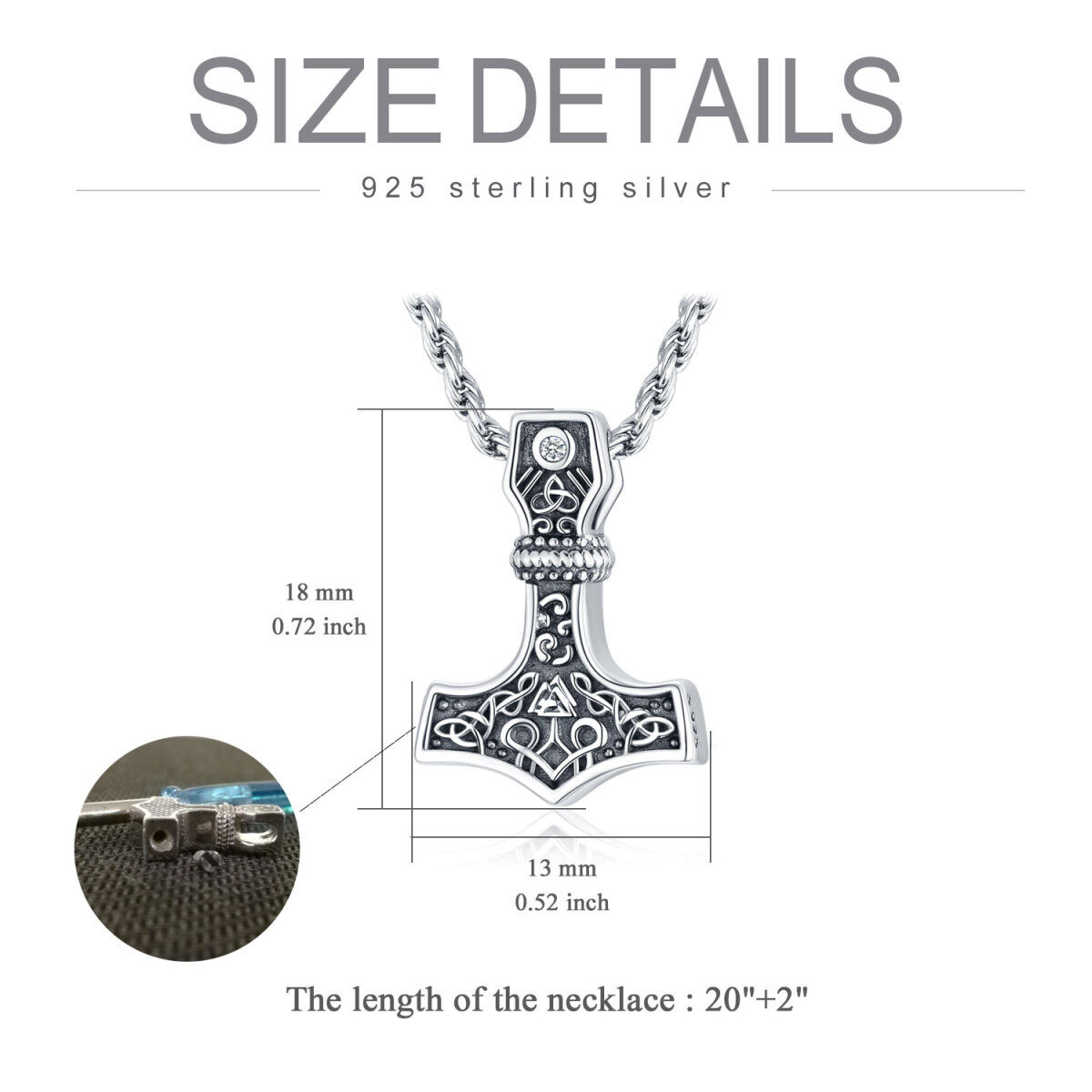 Collier d'urne de rune viking en argent sterling et oxyde de zirconium pour cendres pour homme-5