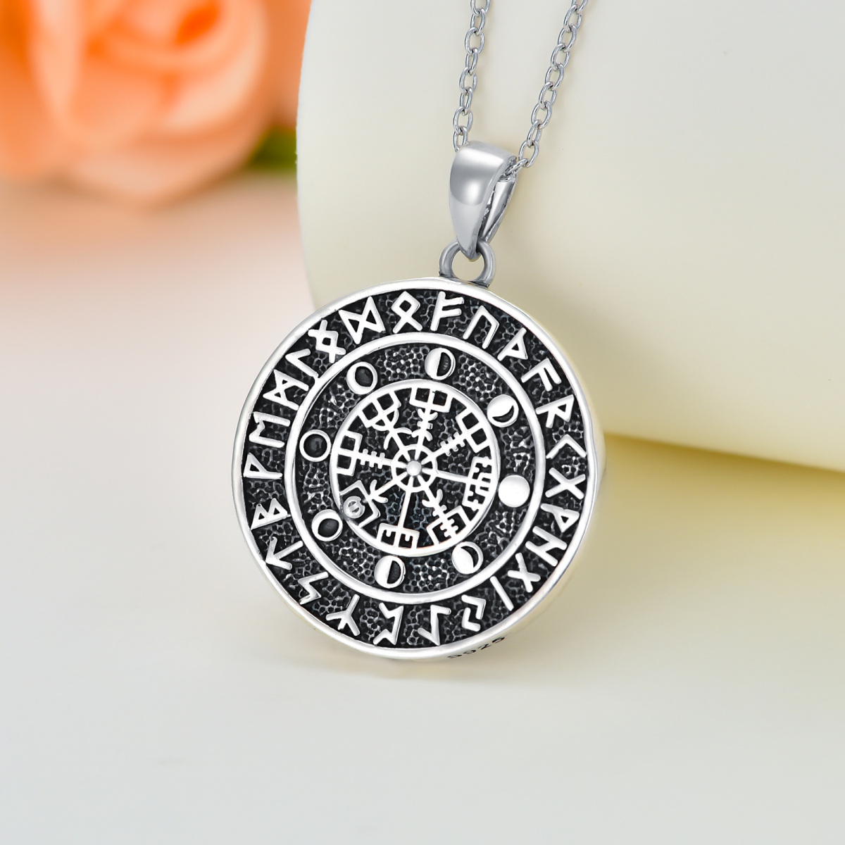 Sterling Silber Wikinger Rune Vegvisir Symbol Amulett Anhänger Halskette-3