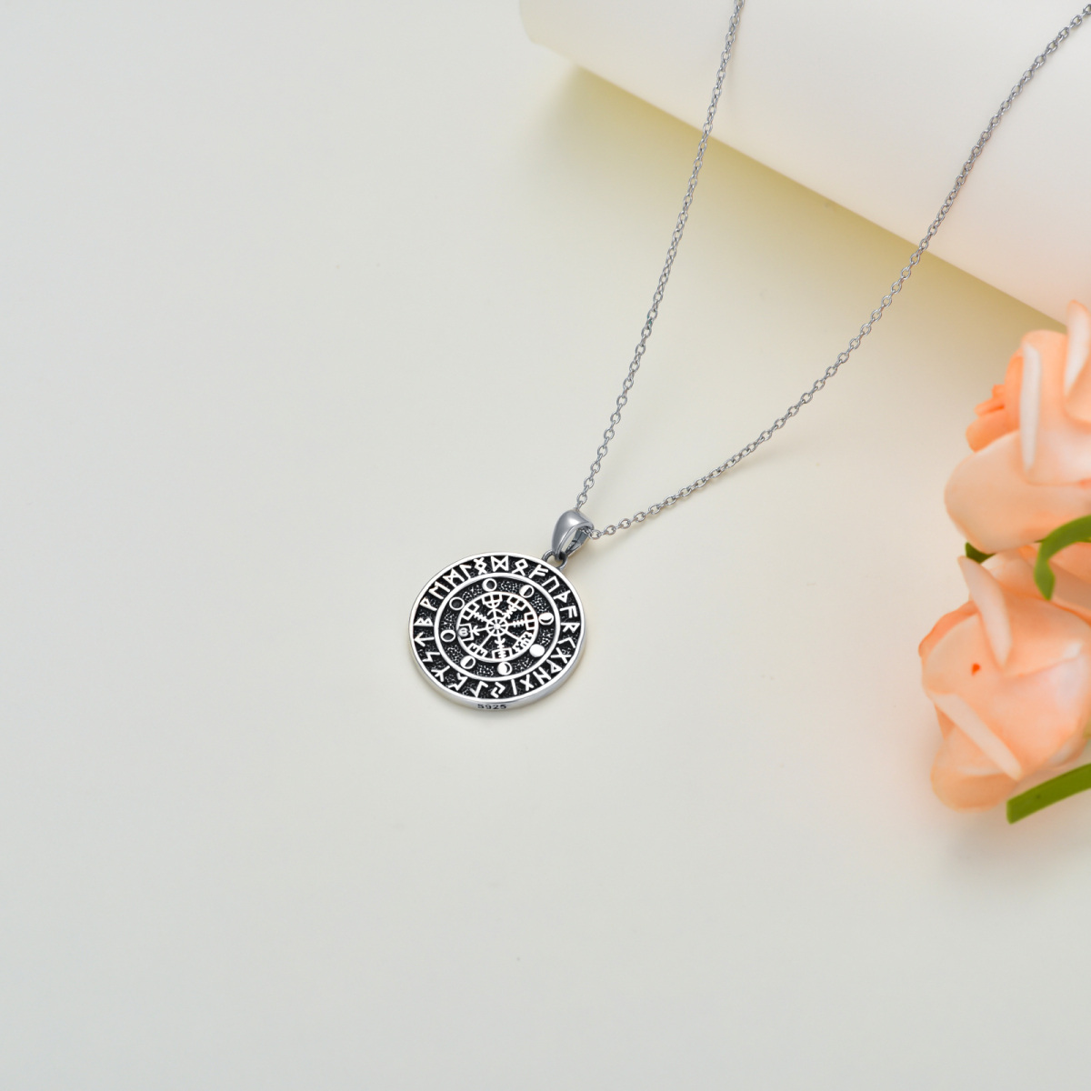 Collana con ciondolo amuleto in argento sterling con simbolo della runa vichinga Vegvisir-4