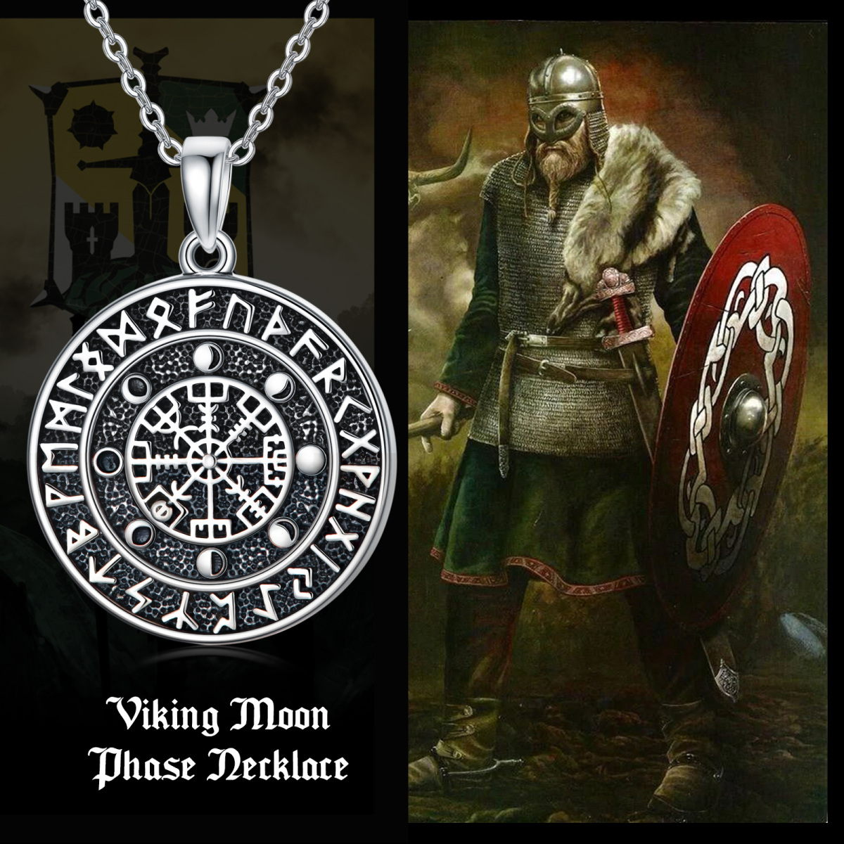 Srebrny naszyjnik z amuletem z symbolem runy wikingów Vegvisir-6