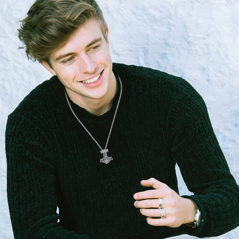 Sterling Silver Viking Rune Weapon Spearhead Talisman Hammer Pendant Necklace for Men-2