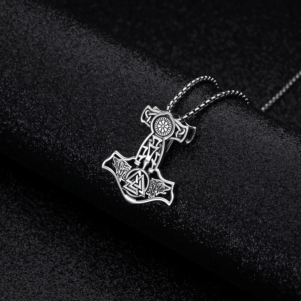 Collana con ciondolo a martello in argento sterling con arma runica vichinga, testa di lancia e talismano per uomini-3