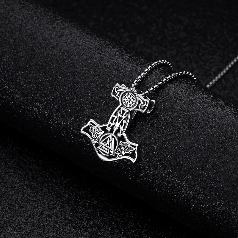 Sterling Silver Viking Rune Weapon Spearhead Talisman Hammer Pendant Necklace for Men-3