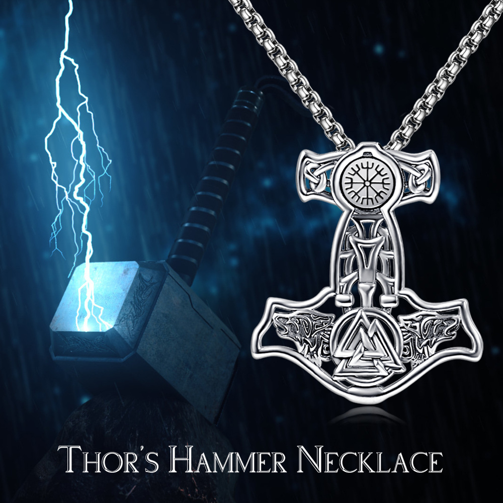 Collana con ciondolo a martello in argento sterling con arma runica vichinga, testa di lancia e talismano per uomini-4