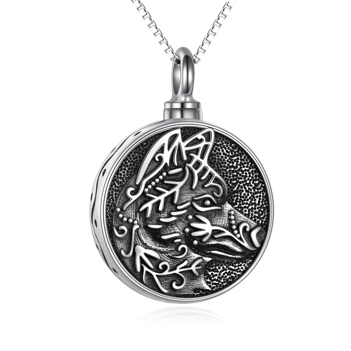 Collier d'urne de loup viking en argent sterling avec rhodium noir pour cendres avec chaîne de boîte pour hommes-1