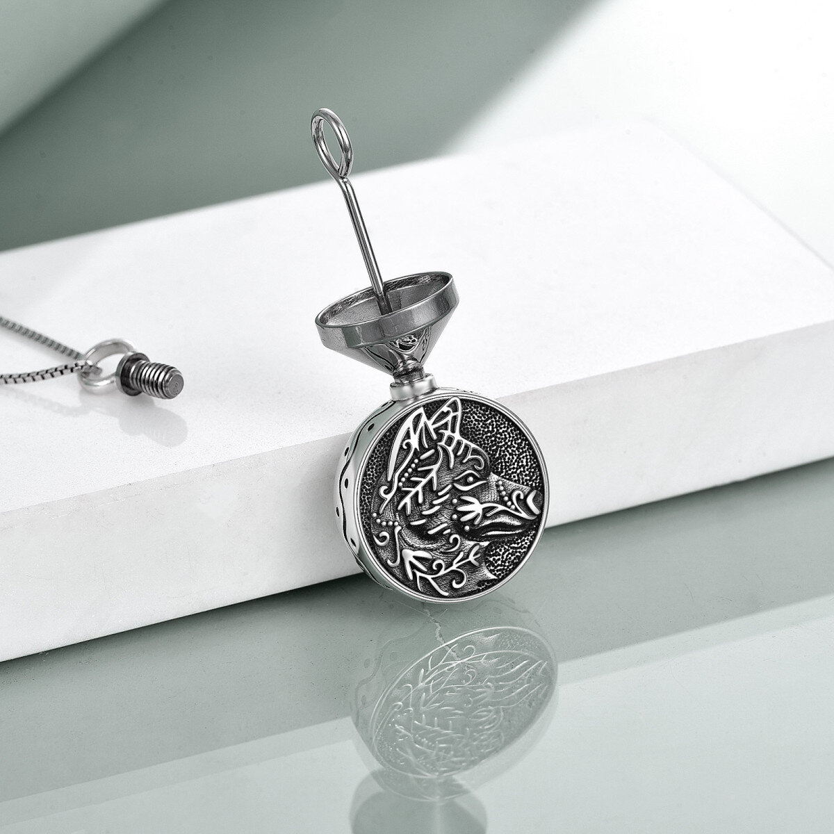 Sterling zilver met zwart rhodium Viking Wolf Urn ketting voor as met box ketting voor mannen-3