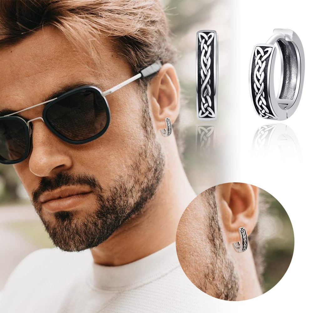 Pendientes de aro con nudo celta vintage de plata de ley para hombre-2