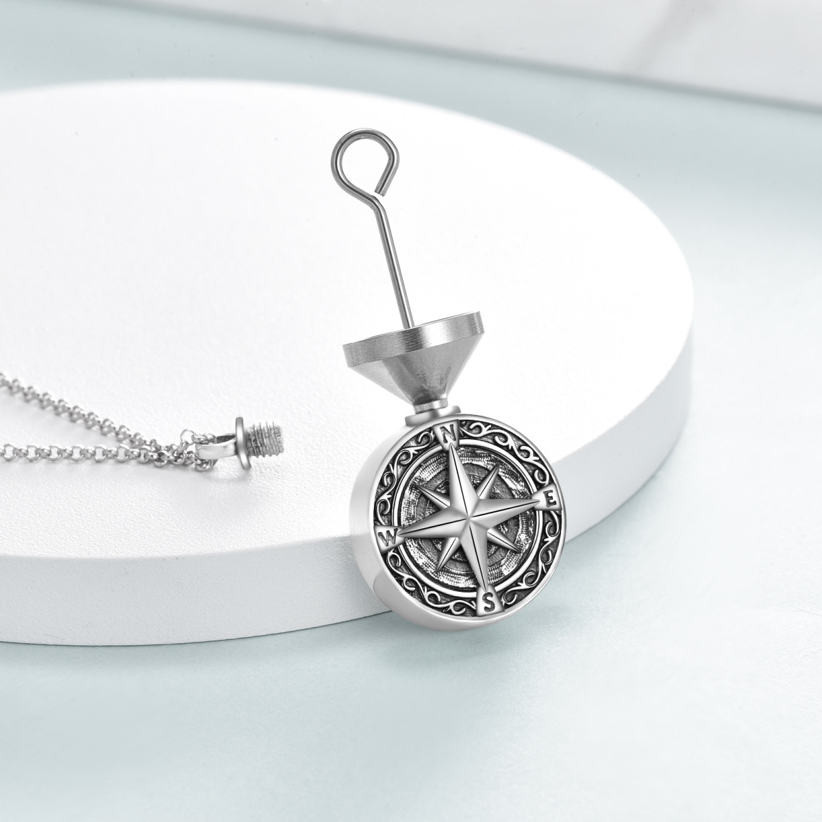 Sterling Silver Vintage Compass Urn Necklace for Ashes-4