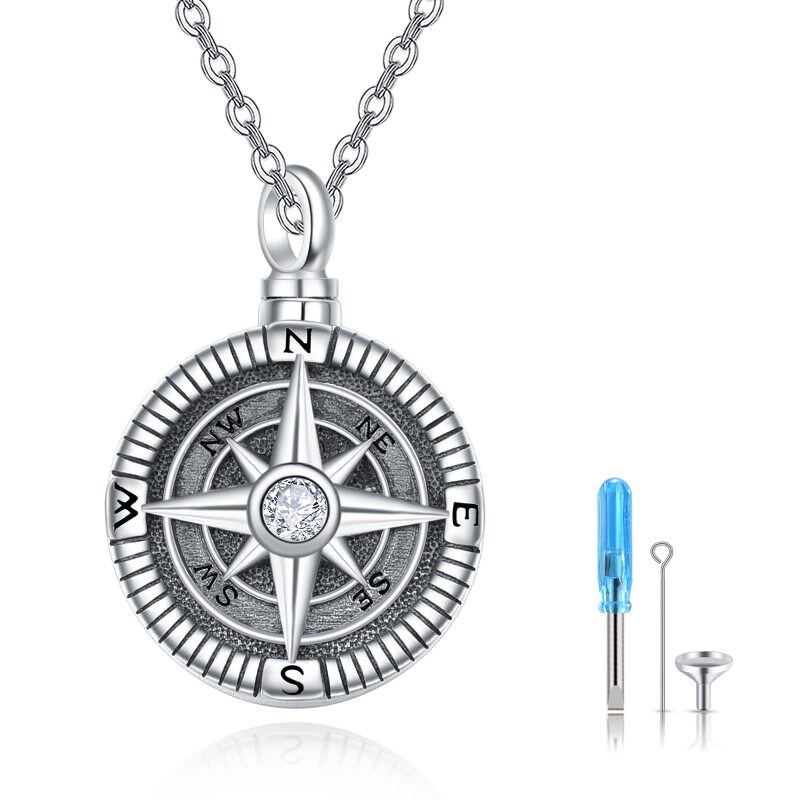 Sterling Silver Cubic Zirconia Vintage Compass Urn Necklace for Ashes-7