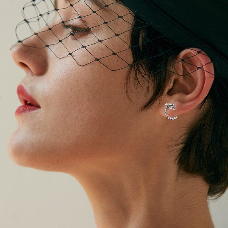 Orecchini a cerchio con drago vintage in argento sterling-3