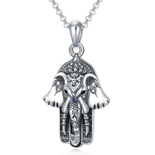 Sterling Silver Vintage Elephant & Hamsa Hand Lotus Pendant Necklace-3