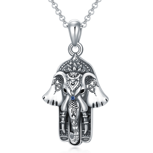 Sterling Silver Vintage Elephant & Hamsa Hand Lotus Pendant Necklace