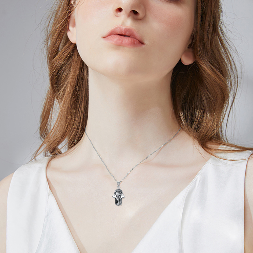 Sterling Silver Vintage Elephant & Hamsa Hand Lotus Pendant Necklace-2