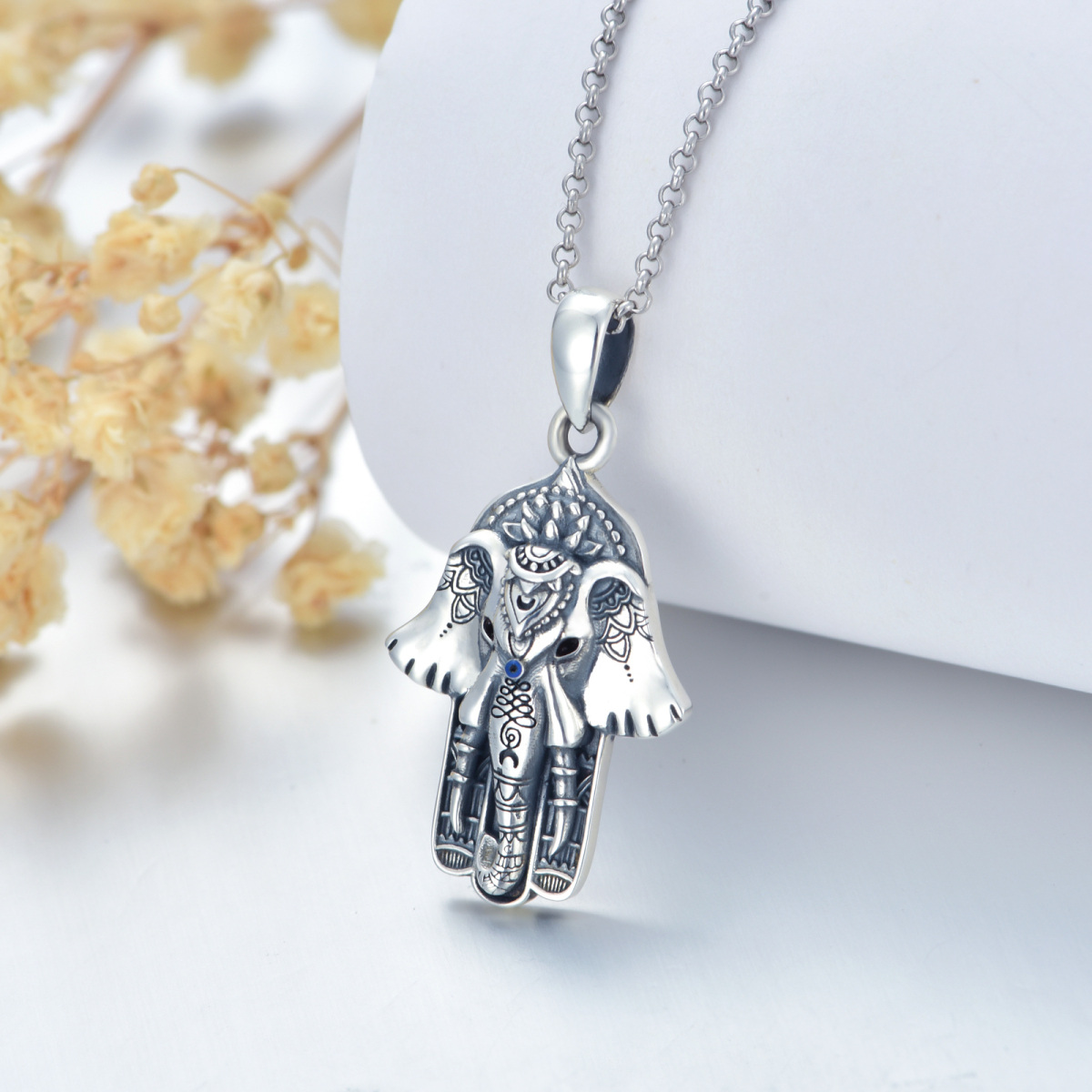 Colar de prata esterlina com pingente de elefante vintage e lótus de mão Hamsa-3