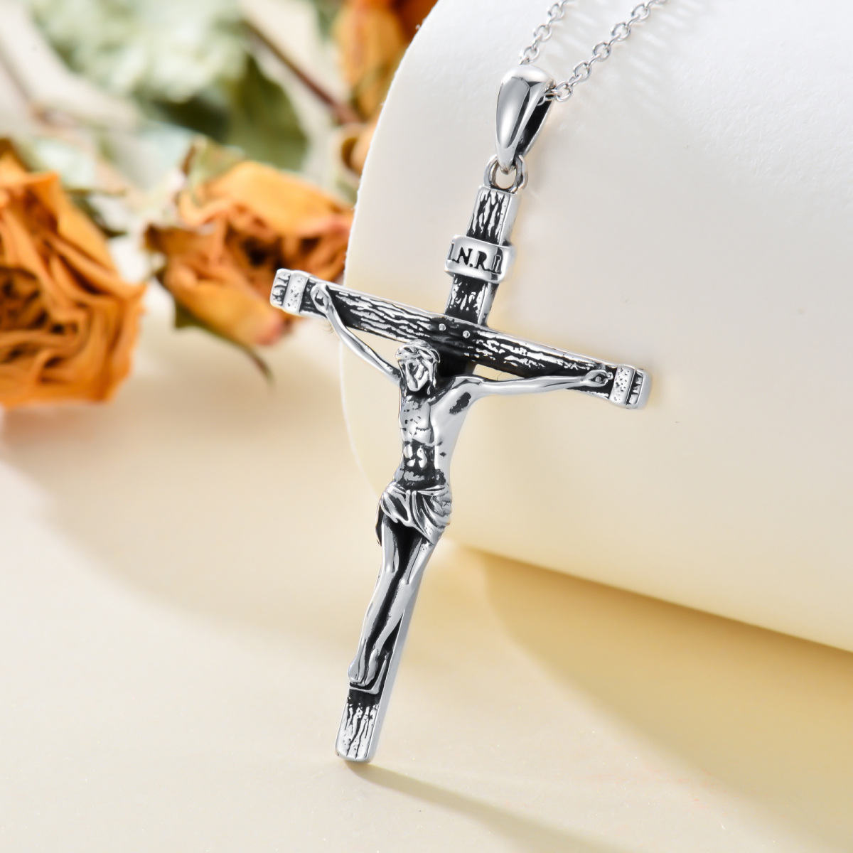 Sterling Silver Vintage Jesus Cross Pendant Necklace-3