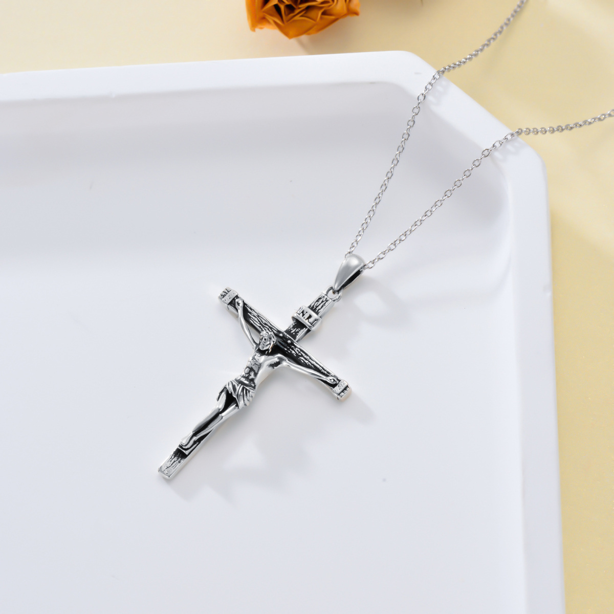 Sterling Silver Vintage Jesus Cross Pendant Necklace-4