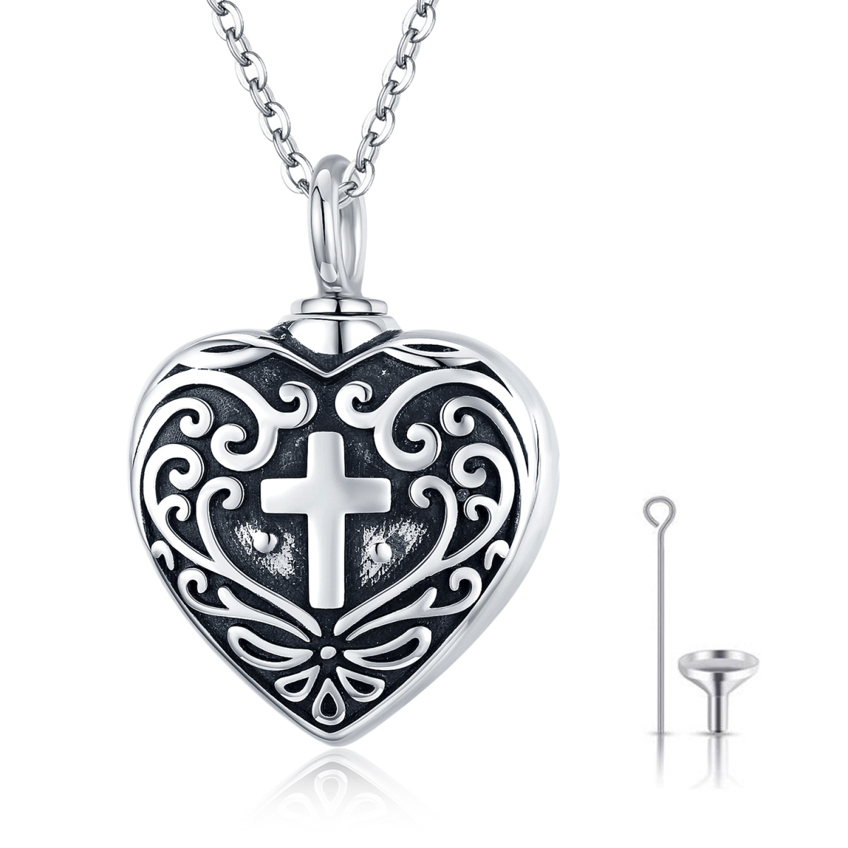 Sterling Silver Vintage Oxidized Cross & Heart Urn Necklace for Ashes-1