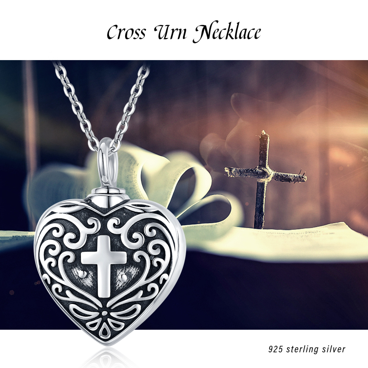 Sterling Silver Vintage Oxidized Cross & Heart Urn Necklace for Ashes-5