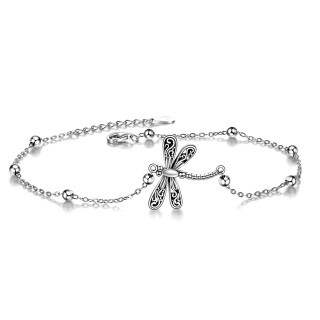 Sterling Silver Vintage Oxidized Dragonfly Pendant Bracelet with Bead Station Chain-52