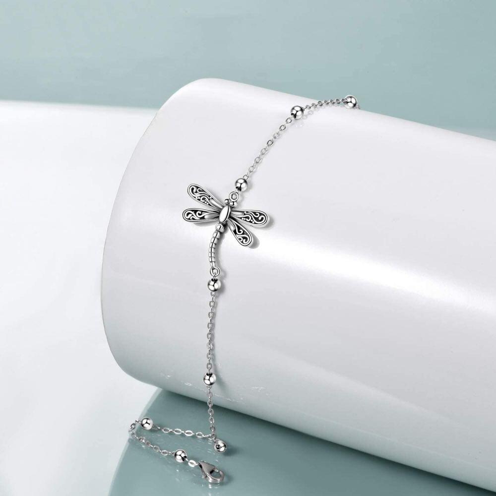 Sterling Silver Vintage Oxidized Dragonfly Charm Bracelet with Bead Station Chain-3