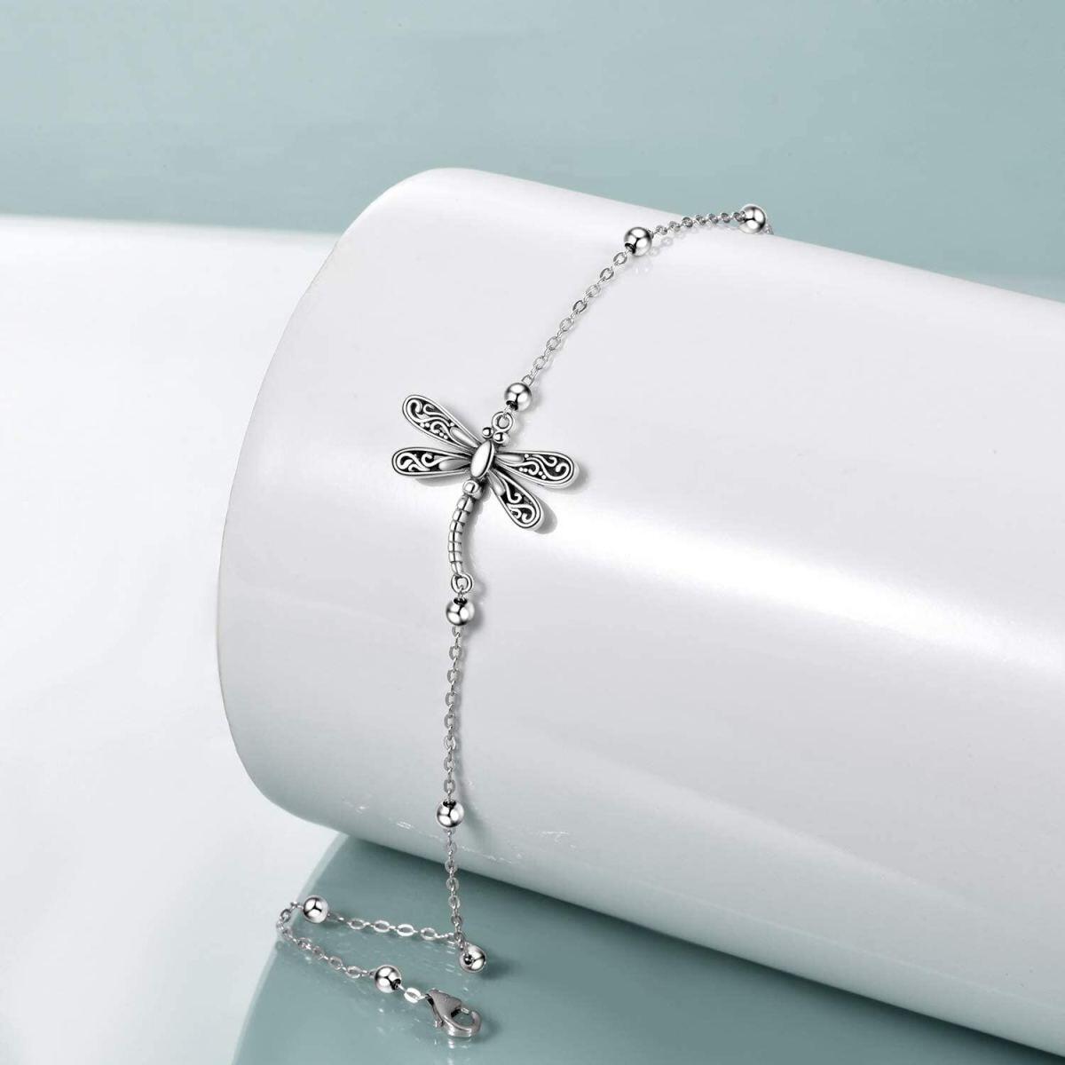 Sterling Silver Vintage Oxidized Dragonfly Pendant Bracelet with Bead Station Chain-3