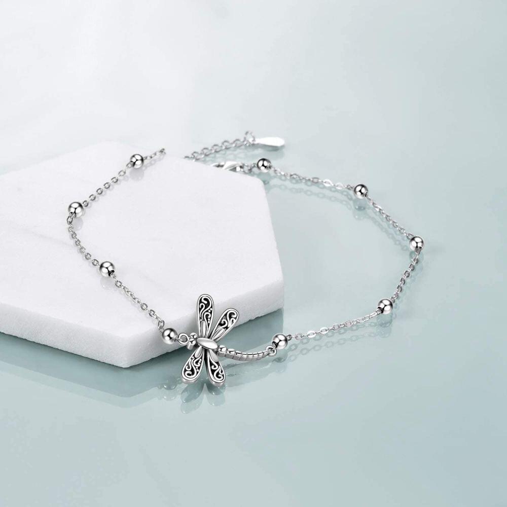 Sterling Silver Vintage Oxidized Dragonfly Charm Bracelet with Bead Station Chain-4