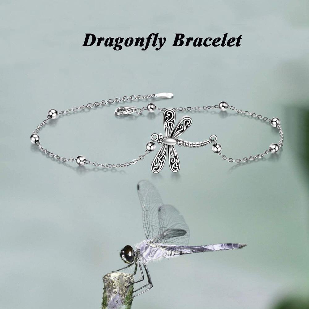 Sterling Silver Vintage Oxidized Dragonfly Charm Bracelet with Bead Station Chain-5