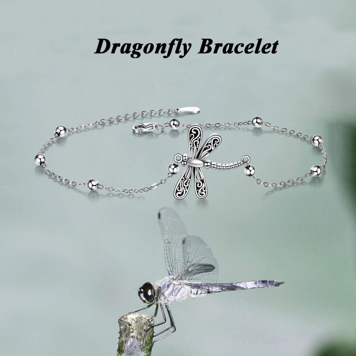 Sterling Silver Vintage Oxidized Dragonfly Pendant Bracelet with Bead Station Chain-5