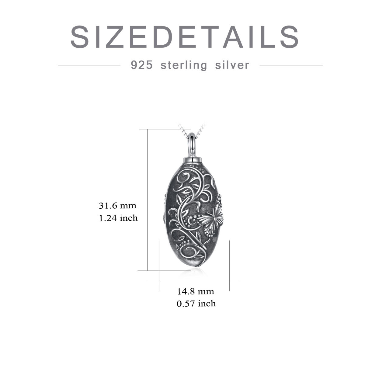 Sterling Silber Vintage oxidiert Efeu Schmetterling Urne Halskette für Asche-4