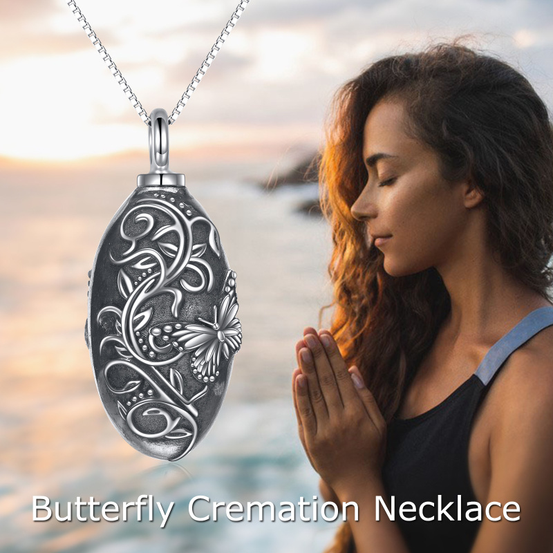 Colar de Urna para Cinzas em Prata de Lei Vintage Oxidada Ivy Butterfly-6