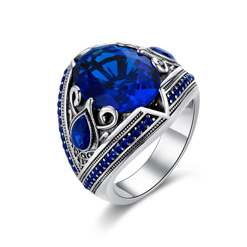 Sterling Silver Vintage Oxidized Navy Blue Personalized Birthstone Class Ring-12
